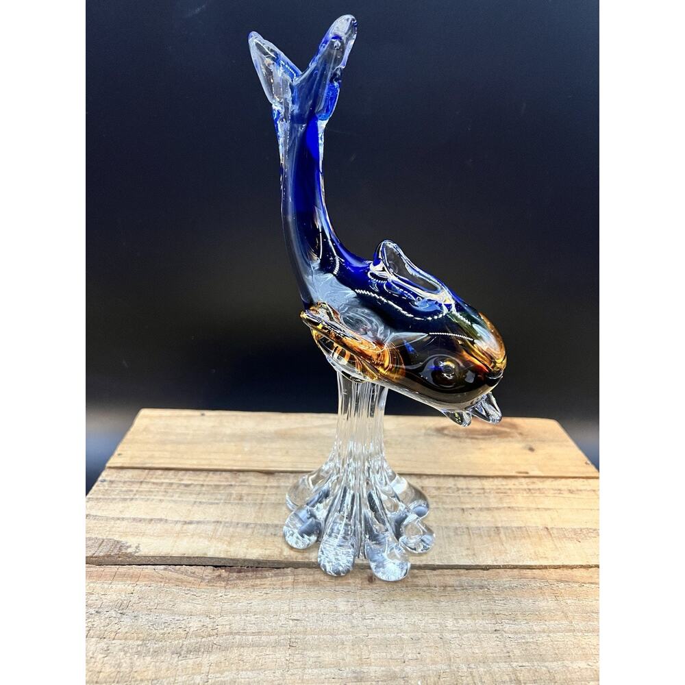 Murano Style Glass Dolphin Riding Wave Art Sculpture Blue Amber - Large
